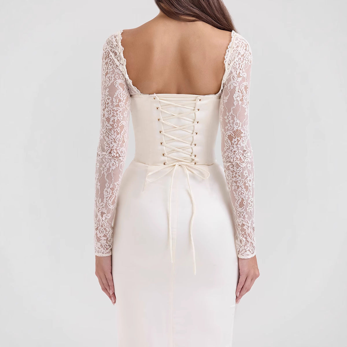 Regina | Women's Evening Long Dress - Satin Bodycon - Lace Sleeves - Sweetheart Neckline - Image 3