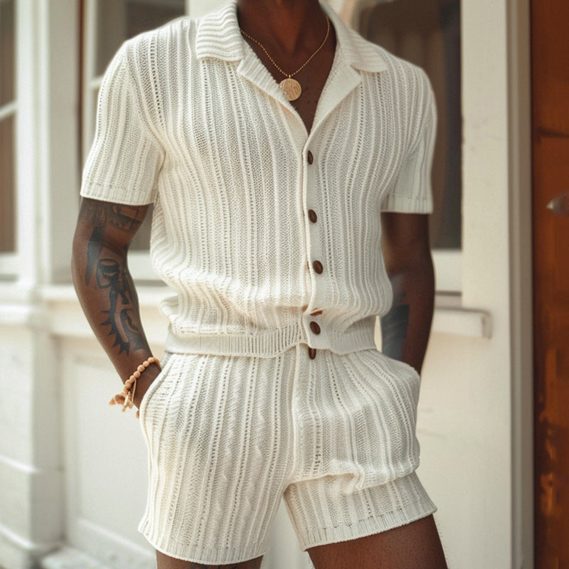 Spencer | Men’s Breathable Knit Shirt and Shorts Set – Slim Fit – Ribbed Texture - Image 1