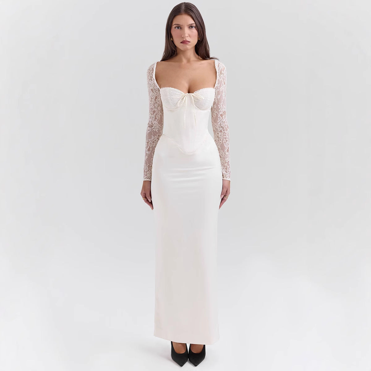 Regina | Women's Evening Long Dress - Satin Bodycon - Lace Sleeves - Sweetheart Neckline - Image 2