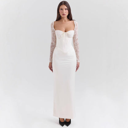 Regina | Women's Evening Long Dress - Satin Bodycon - Lace Sleeves - Sweetheart Neckline - Image 2