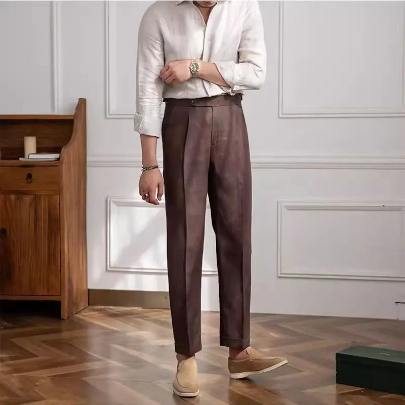 Wesley | Men's Tailored Trousers - Lightweight Linen - Flat Front Straight Leg Fit - Image 6