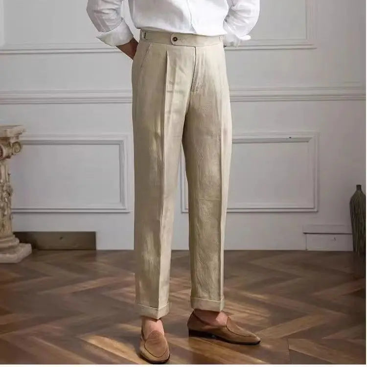 Wesley | Men's Tailored Trousers - Lightweight Linen - Flat Front Straight Leg Fit - Image 8