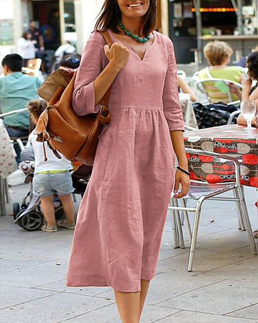 Courtney | Linen Blend Casual Midi Dress with V-Neck and Relaxed Fit - Image 1