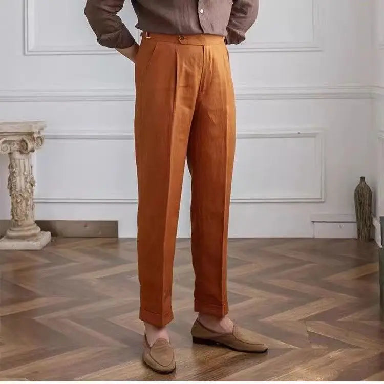 Wesley | Men's Tailored Trousers - Lightweight Linen - Flat Front Straight Leg Fit - Image 7