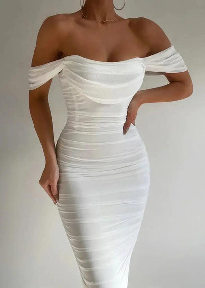 Scarlett | Elegant Off-Shoulder Bodycon Midi Dress with Draped Sleeves - Image 4