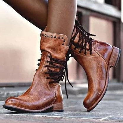 Jessica | Calf Leather Boots – Stylish Lace-Up Design – Edgy Metal Studs – Comfortable Low Heel - Image 1